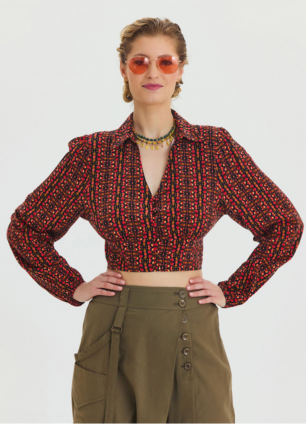 Patterned Shirt Collar Long Sleeve Red Crop Blouse 4431